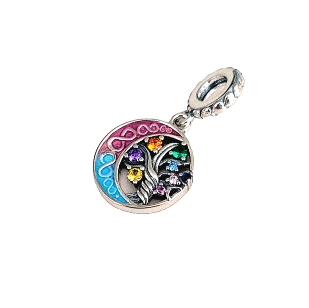 Silver Crescent Moon and Tree of Life Pink Blue Bracelet Dangle Charm